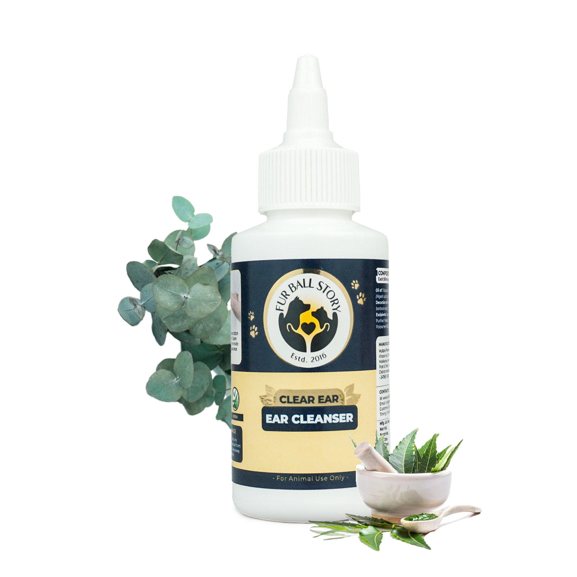 A white bottle of Clear Ear Cleanser with eucalyptus and neem leaves on a checkered transparent background.