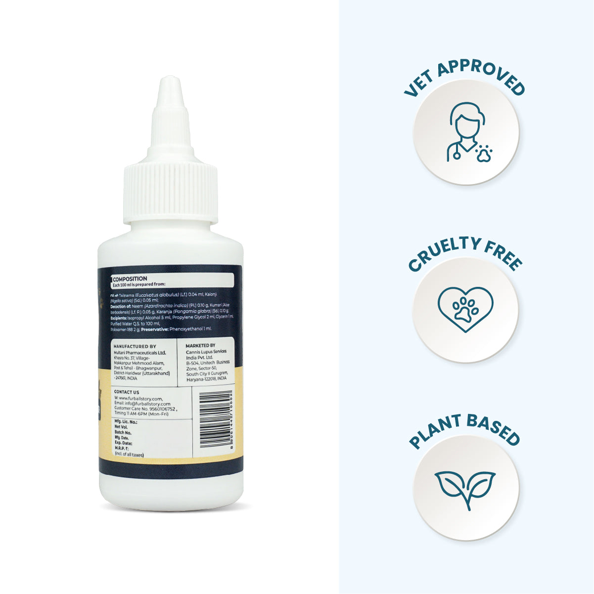 The back of the ear cleanser bottle next to icons for Vet Approved, Cruelty Free, and Plant Based certifications.