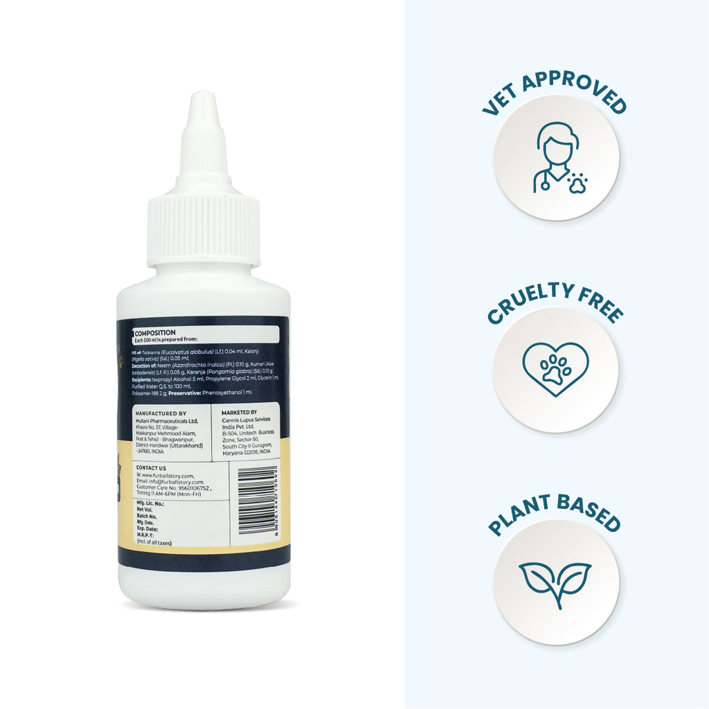 The back of the ear cleanser bottle next to icons for Vet Approved, Cruelty Free, and Plant Based certifications.