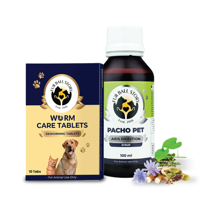 A side-by-side display of "Fur Ball Story" Worm Care Tablets and Pacho Pet Digestive Syrup, creating a complete gut-health toolkit. The pairing is accented by raw Ayurvedic herbs and purple chicory flowers, visually connecting the bottled supplements to their natural, plant-based origins.