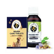 A side-by-side display of "Fur Ball Story" Worm Care Tablets and Pacho Pet Digestive Syrup, creating a complete gut-health toolkit. The pairing is accented by raw Ayurvedic herbs and purple chicory flowers, visually connecting the bottled supplements to their natural, plant-based origins.