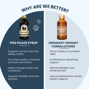 A "Why Are We Better?" chart contrasting "Piss Please" against generic syrups. It highlights comprehensive care like stone dissolution and bladder tone enhancement versus ordinary products that focus strictly on temporary symptom relief.