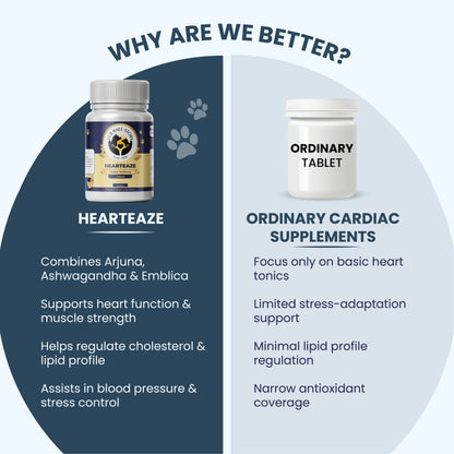 A "Why Are We Better?" split-screen comparing Hearteaze to ordinary supplements. It visually demonstrates the product's superior multi-action approach, covering everything from broad antioxidant protection to comprehensive lipid regulation that standard tonics miss.