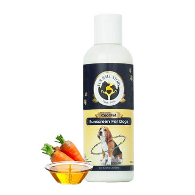 A bottle of dog sunscreen next to carrots and an oil bowl, isolated against a transparent grid background.