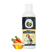 A bottle of dog sunscreen next to carrots and an oil bowl, isolated against a transparent grid background.