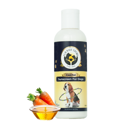 A bottle of dog sunscreen next to carrots and an oil bowl, isolated against a transparent grid background.