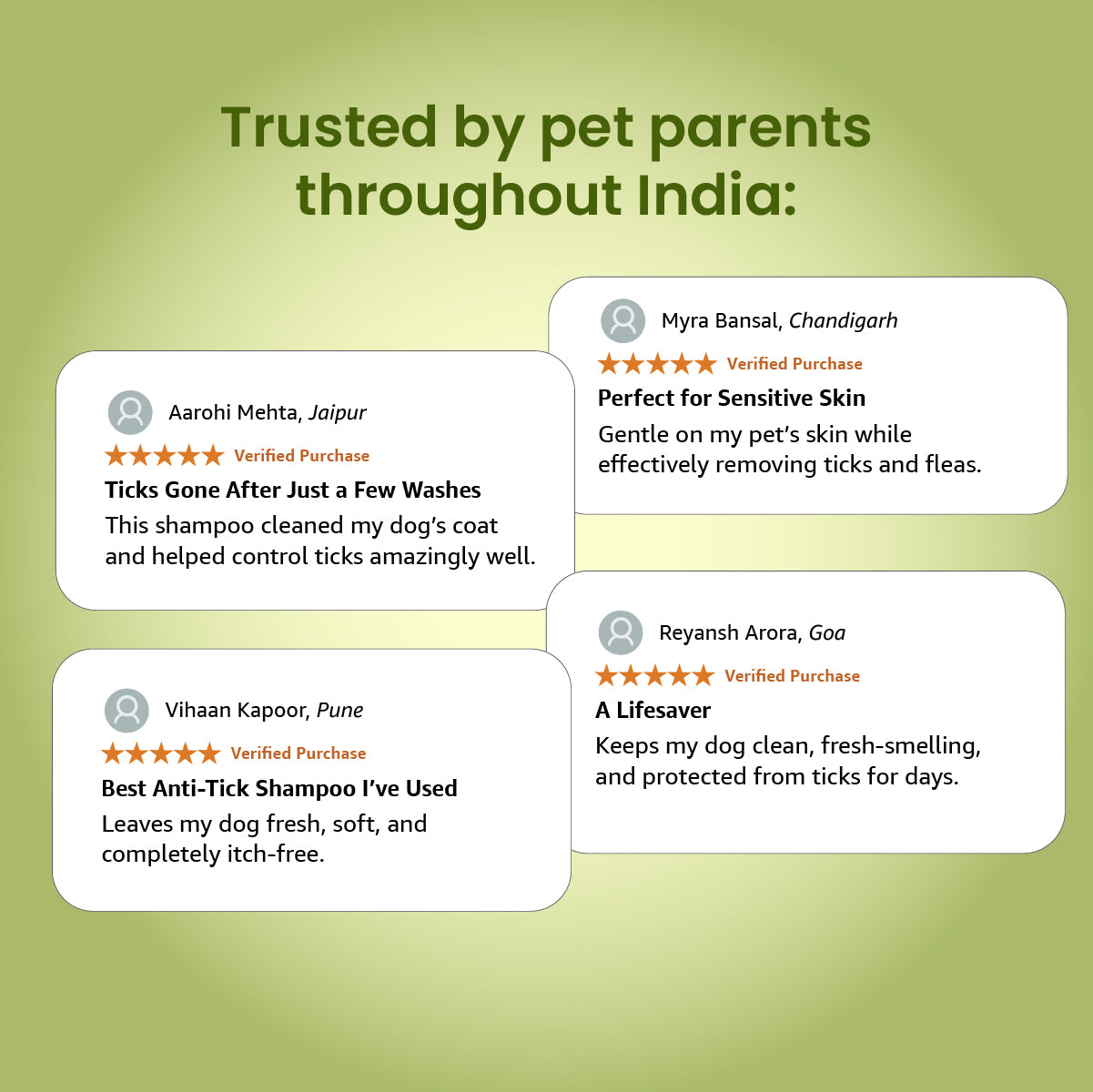 Four 5-star verified purchase reviews from pet parents across India praising the anti-tick shampoo.
