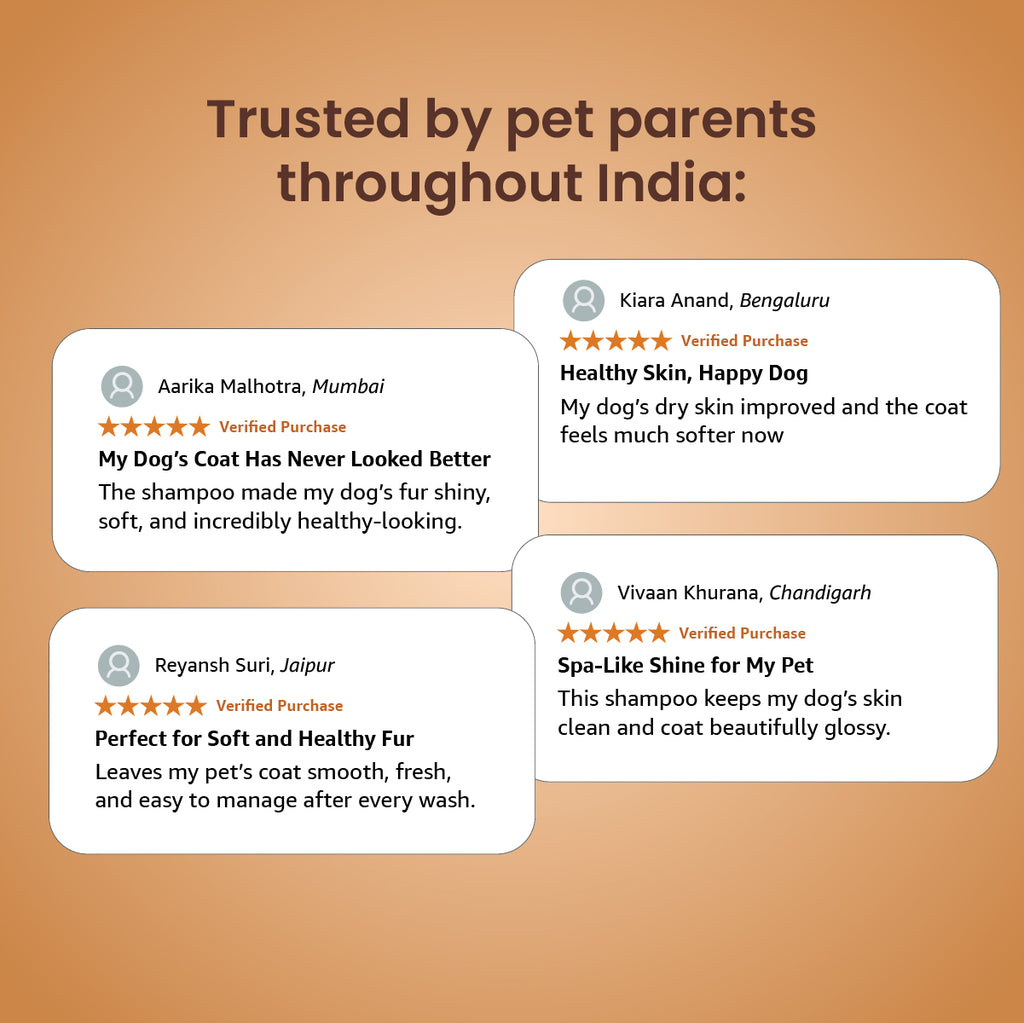 Four positive 5-star customer reviews from pet parents across India praising the shampoo for giving dogs soft, shiny, and healthy fur.
