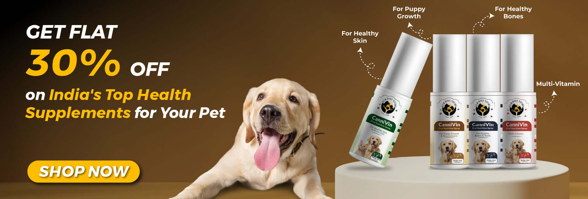 30% off pet health supplements, CanniVin sprays for skin, growth, bones.