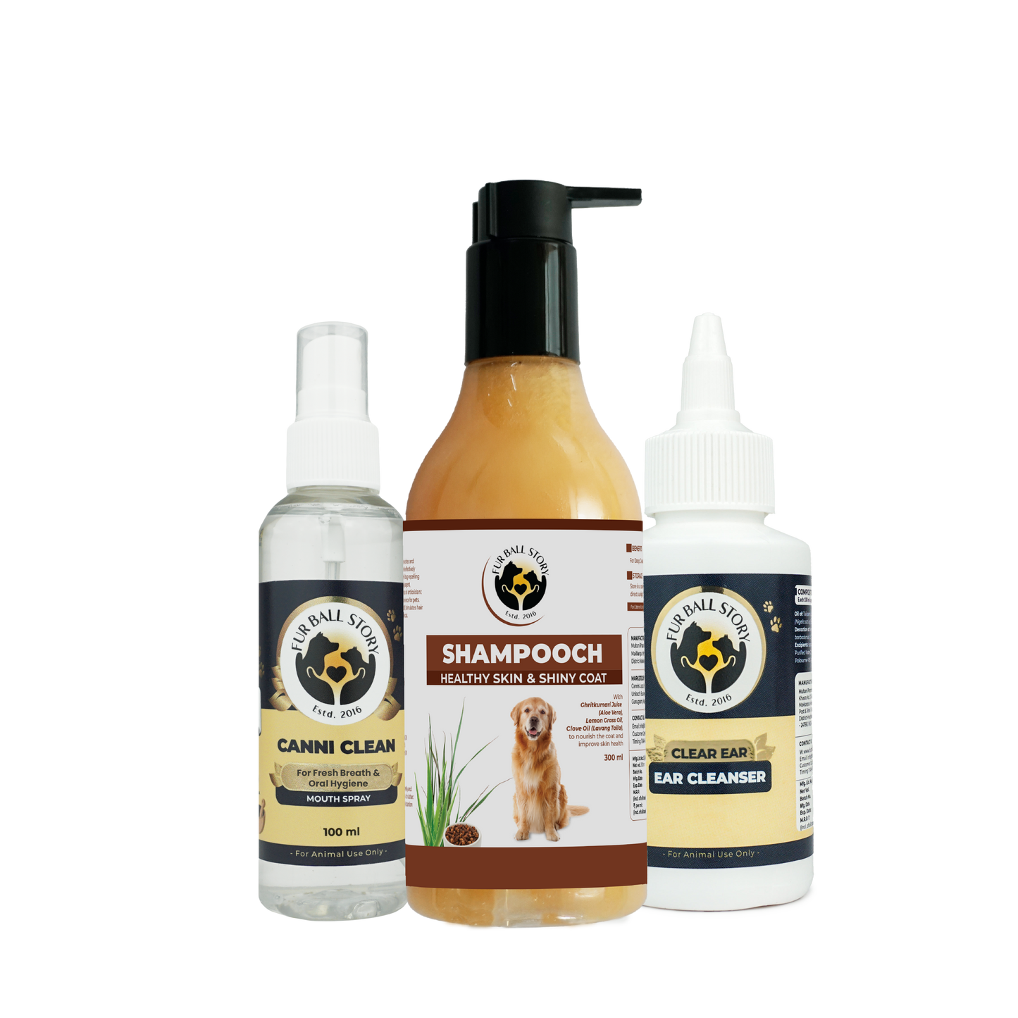 A pet care bundle featuring Shampoooch dog shampoo, Canni Clean mouth spray, and Clear Ear Cleanser on a transparent background.