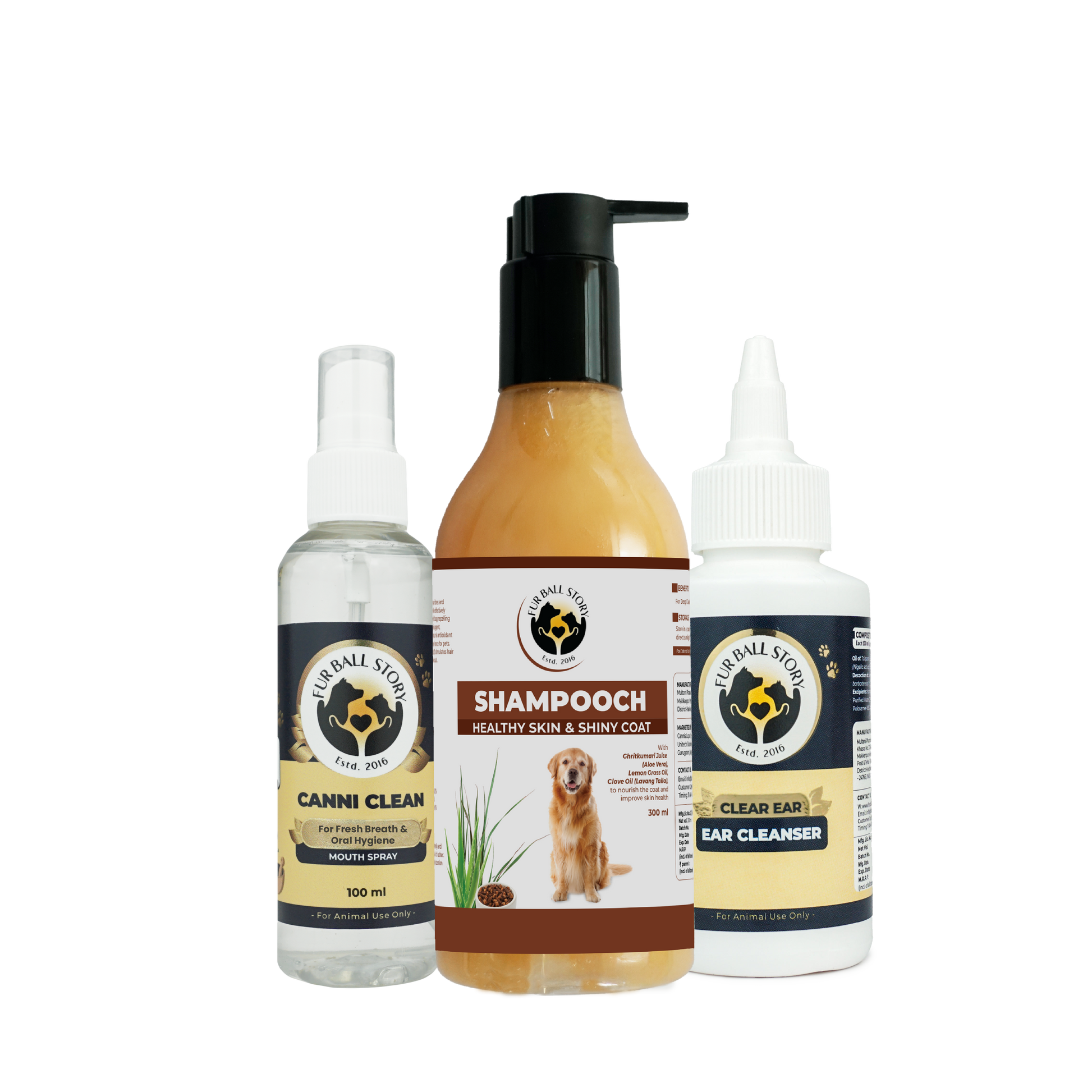 A pet care bundle featuring Shampoooch dog shampoo, Canni Clean mouth spray, and Clear Ear Cleanser on a transparent background.