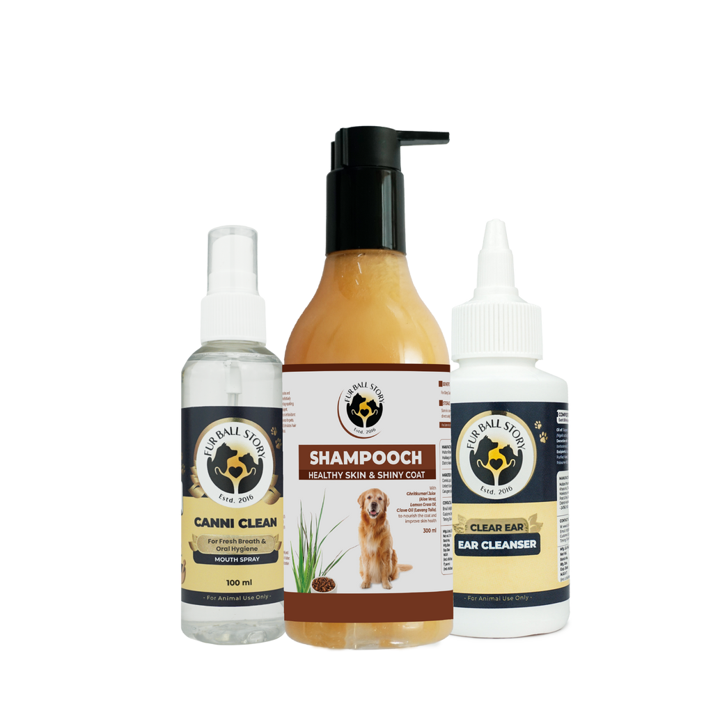 A pet care bundle featuring Shampoooch dog shampoo, Canni Clean mouth spray, and Clear Ear Cleanser on a transparent background.