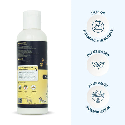 Back view of the sunscreen bottle showing product composition alongside badges for "Free of Harmful Chemicals," "Plant Based," and "Ayurvedic Formulation."
