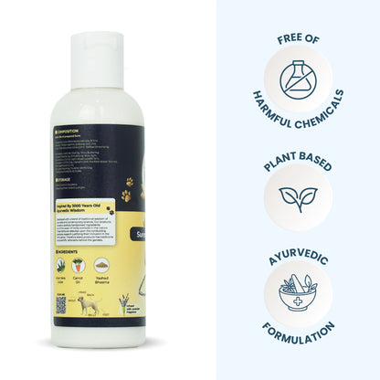 Back view of the sunscreen bottle showing product composition alongside badges for "Free of Harmful Chemicals," "Plant Based," and "Ayurvedic Formulation."