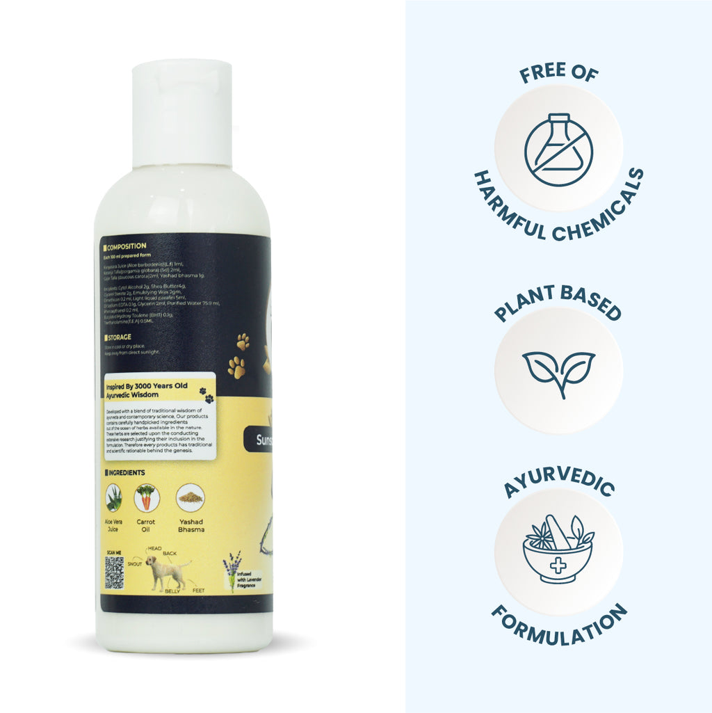 Back view of the sunscreen bottle showing product composition alongside badges for "Free of Harmful Chemicals," "Plant Based," and "Ayurvedic Formulation."