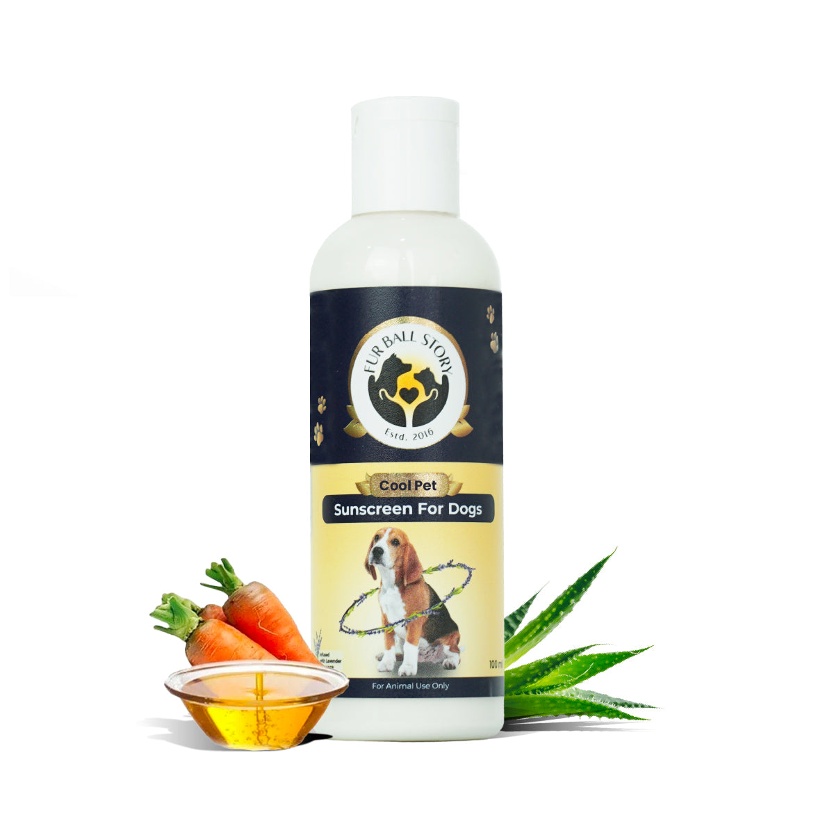 A bottle of Cool Pet Sunscreen For Dogs next to fresh carrots, aloe vera leaves, and a small bowl of oil.