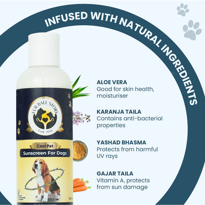 Graphic displaying natural ingredients in the dog sunscreen: aloe vera, karanja taila, yashad bhasma, and gajar taila.
