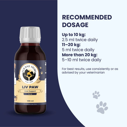 Recommended daily dosage chart for Liv Paw based on dog weight: up to 10 kg takes 2.5 ml, 11-20 kg takes 5 ml, and over 20 kg takes 5-10 ml, twice daily.