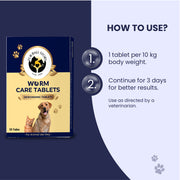 A clean "How to Use" guide illustrating a simple two-step process: 1 tablet per 10kg of body weight, continued for 3 days. The visual ensures pet owners can easily follow the cycle for optimal deworming results.