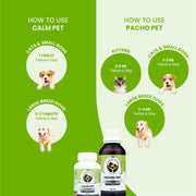 Dosage chart showing instructions for Calm Pet tablets and Pacho Pet syrup divided by pet size, including kittens, cats, small dogs, and large breed dogs.