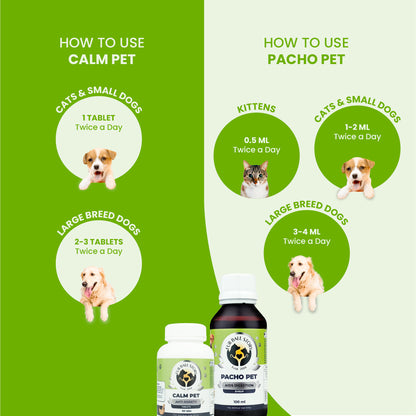 Dosage chart showing instructions for Calm Pet tablets and Pacho Pet syrup divided by pet size, including kittens, cats, small dogs, and large breed dogs.