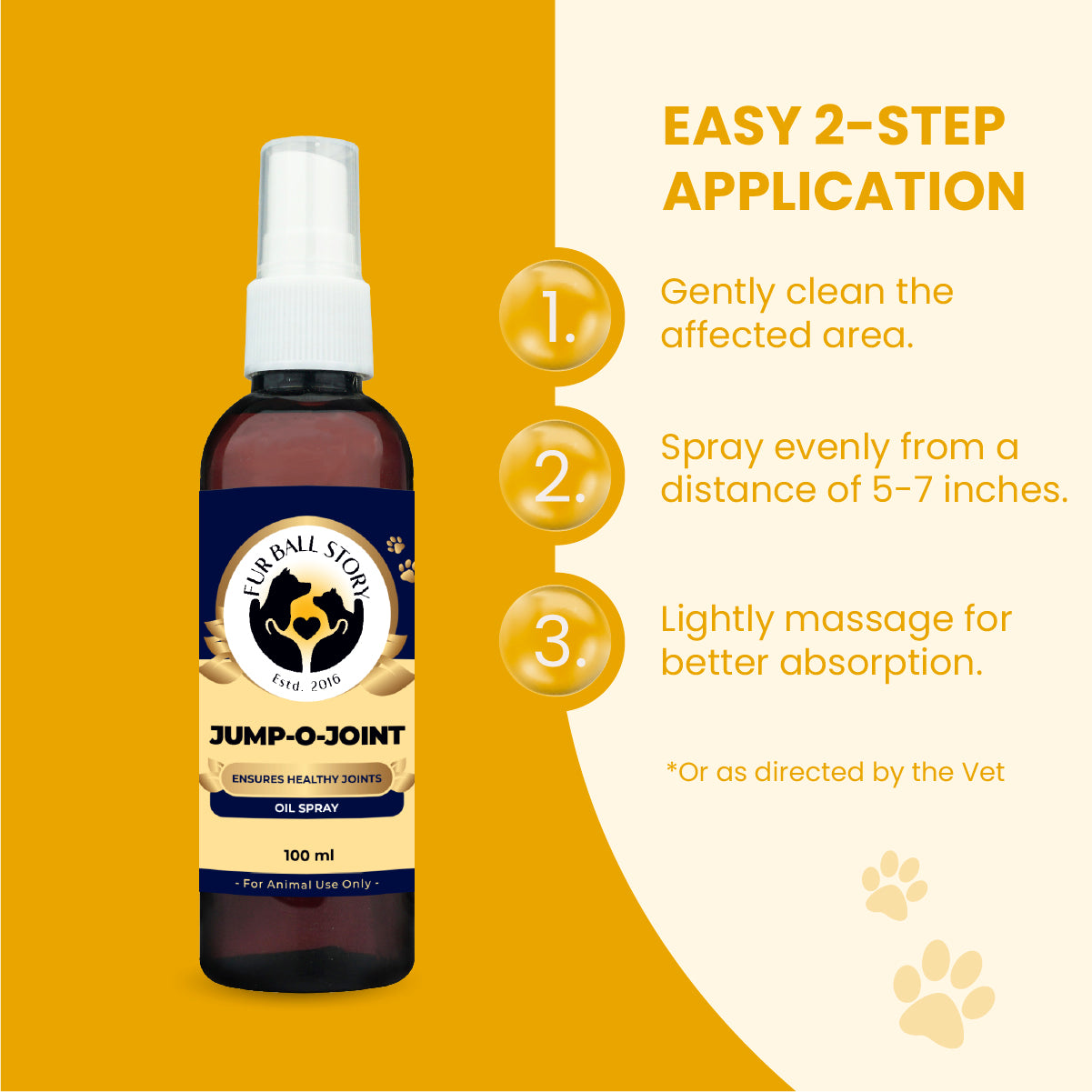 An instructional graphic showing a 3-step application process next to the Jump-O-Joint spray bottle: clean the area, spray from 5-7 inches, and massage lightly.