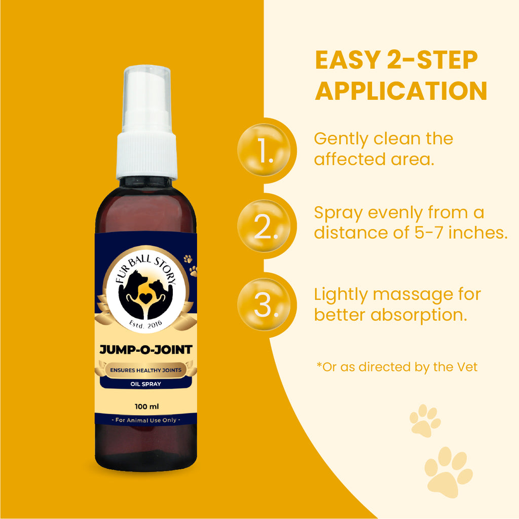 An instructional graphic showing a 3-step application process next to the Jump-O-Joint spray bottle: clean the area, spray from 5-7 inches, and massage lightly.