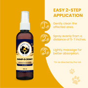 An instructional graphic showing a 3-step application process next to the Jump-O-Joint spray bottle: clean the area, spray from 5-7 inches, and massage lightly.