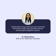A professional testimonial from Dr. Diksha Maun, a Veterinary Physician, who explains that gentle deworming clears parasites without burdening the pet's system. Her portrait is centered above a navy quote block, adding clinical trust to the herbal product.