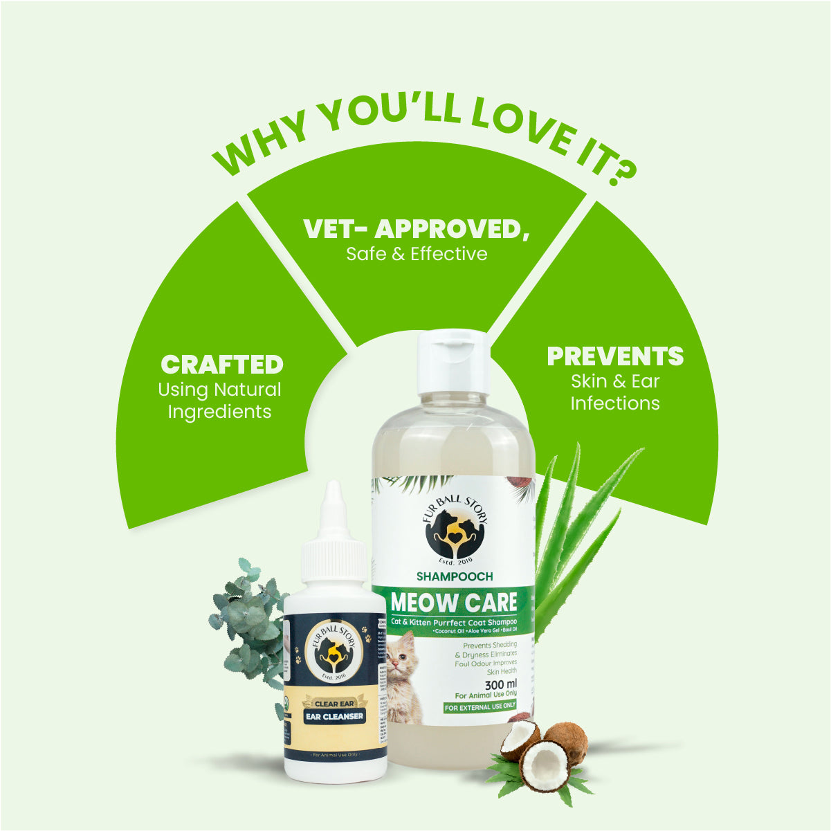 Infographic highlighting key product features: vet-approved, crafted using natural ingredients, and prevents skin and ear infections.