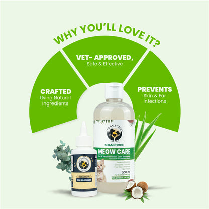 Infographic highlighting key product features: vet-approved, crafted using natural ingredients, and prevents skin and ear infections.