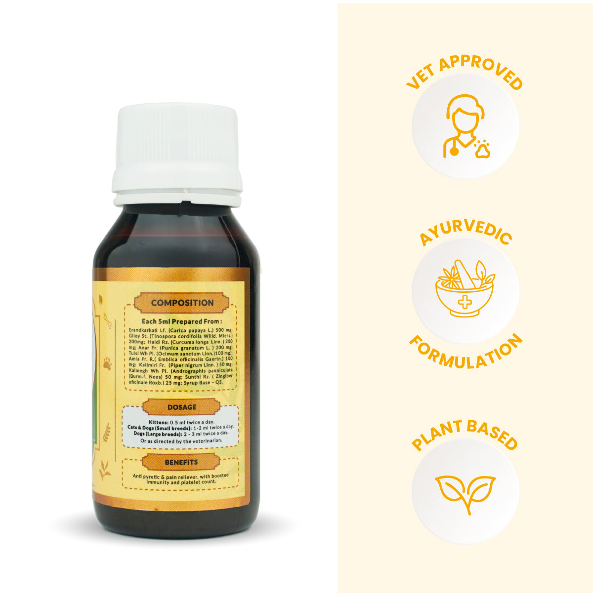 The back label of Fev Pet syrup displaying its Ayurvedic composition, dosage instructions, and veterinary approval icons.