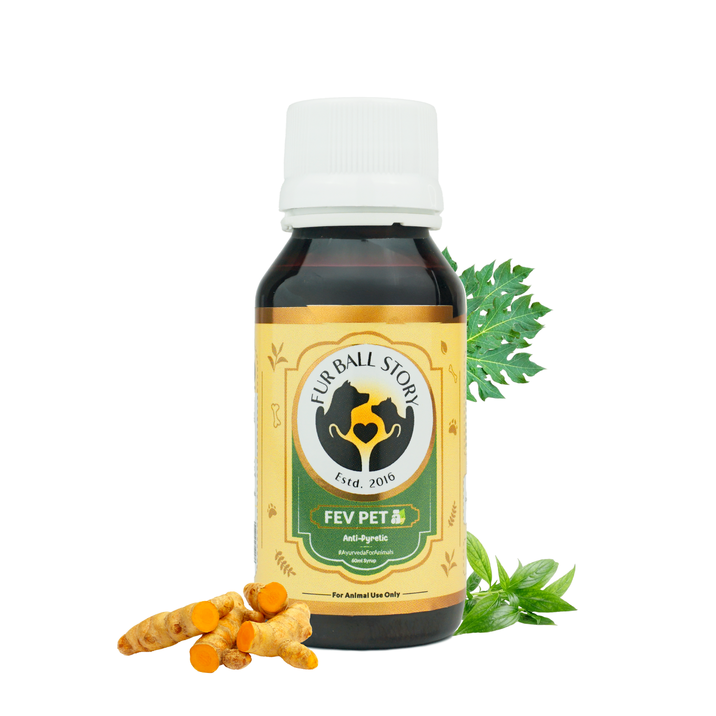 A standalone image of the Fev Pet syrup bottle with turmeric and green leaves, set against a transparent grid background