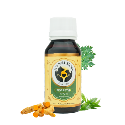 A standalone image of the Fev Pet syrup bottle with turmeric and green leaves, set against a transparent grid background