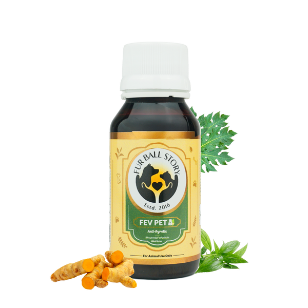 A standalone image of the Fev Pet syrup bottle with turmeric and green leaves, set against a transparent grid background