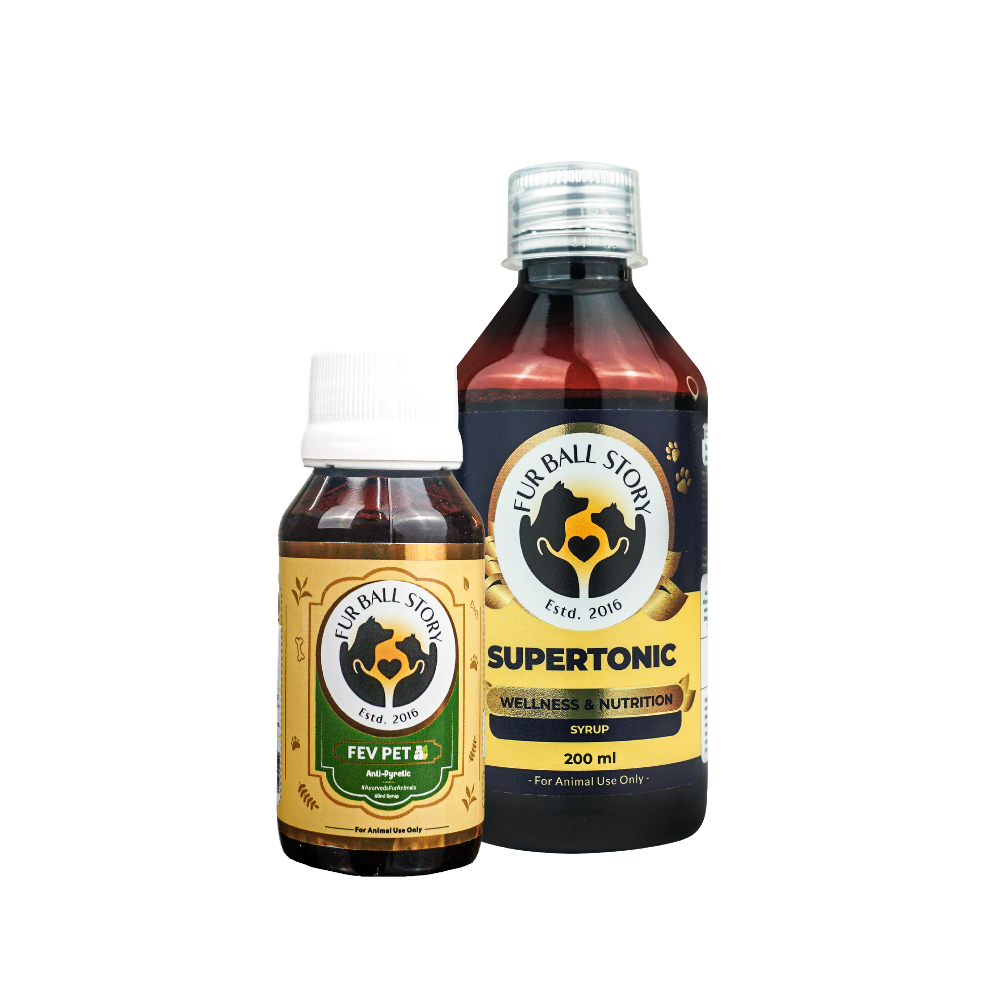 A product shot of Fur Ball Story's Fev Pet syrup bottle standing next to a larger bottle of Supertonic Wellness and Nutrition syrup.
