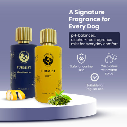 A refreshing lifestyle shot of the Furmist Unisex bottle displayed on a white podium with fresh white jasmine flowers. The text describes the scent as "Clean, Confident Freshness," focusing on a pH-balanced everyday comfort formula.