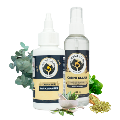 Canni Clean spray and Clear Ear cleanser bottles with natural herbs, mint, and fennel seeds on a dark grey checkered background.