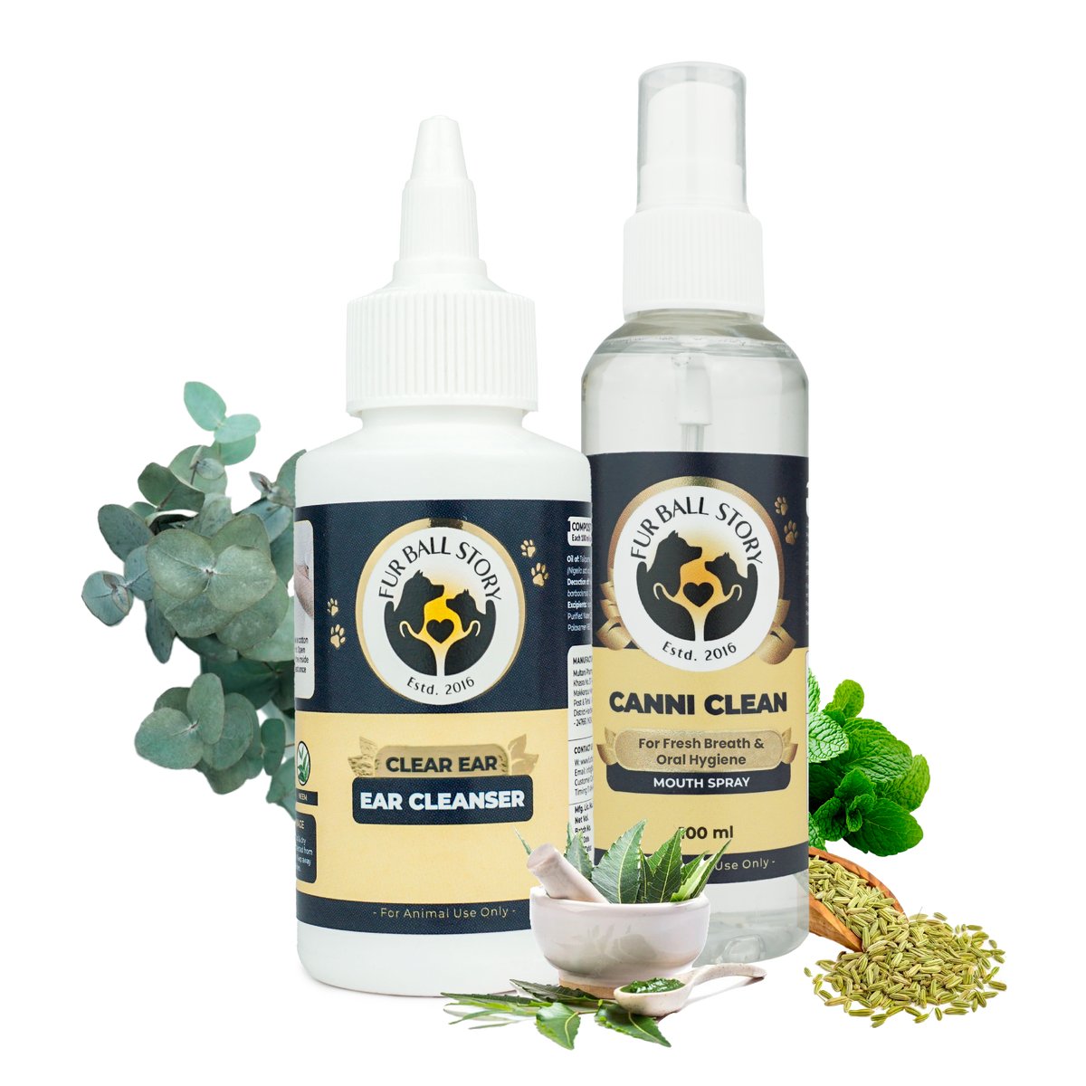 Canni Clean spray and Clear Ear cleanser bottles with natural herbs, mint, and fennel seeds on a dark grey checkered background.