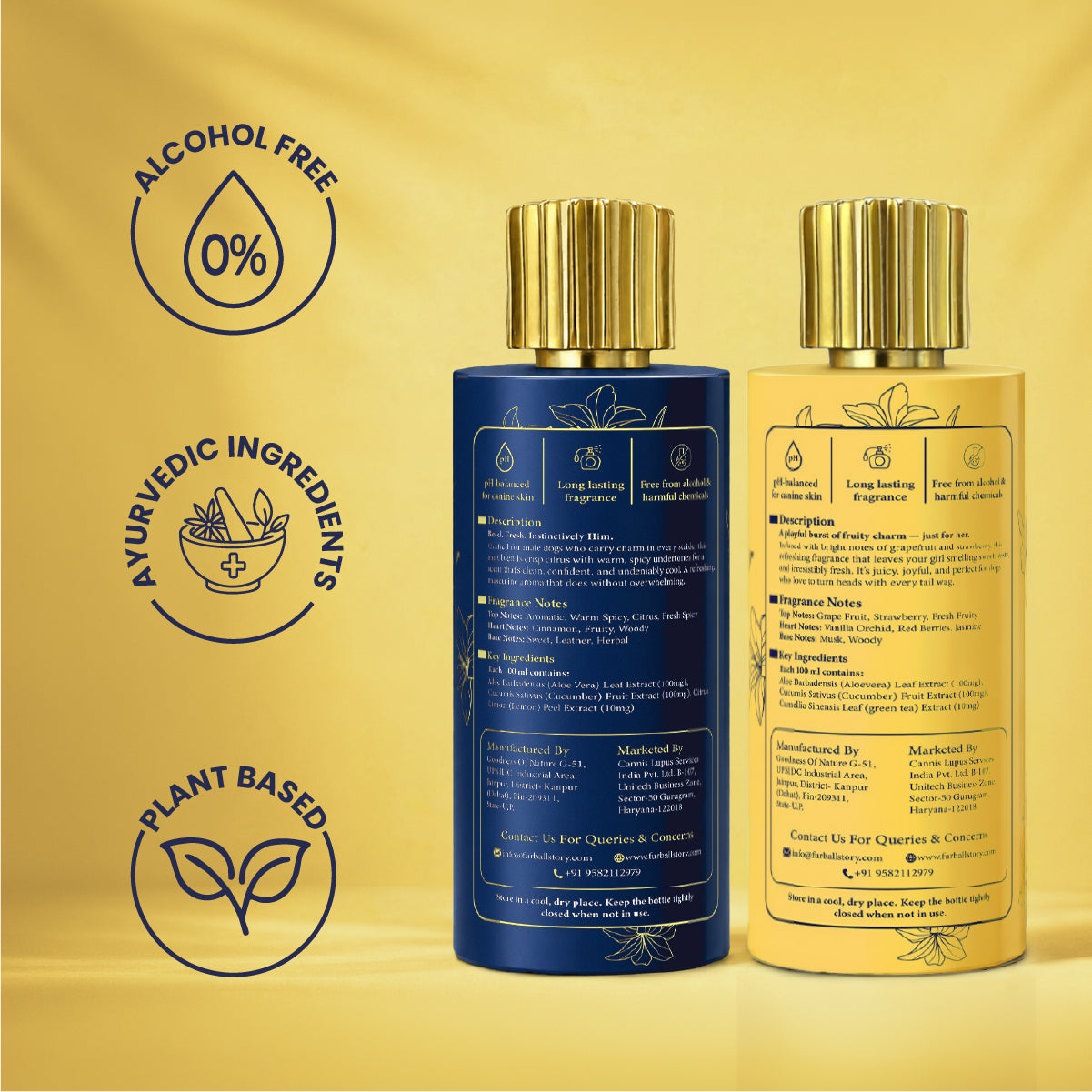 Rear view of the blue and yellow bottles showing detailed product descriptions, fragrance notes, key ingredients, manufacturing details, and "0% Alcohol," "Ayurvedic," and "Plant Based" badges.