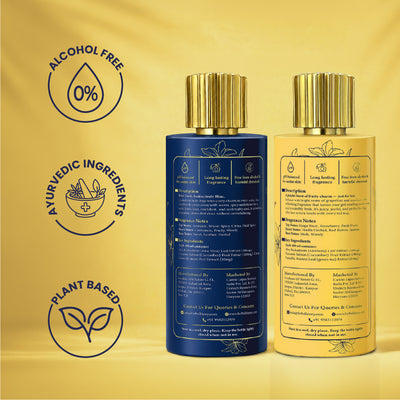 Rear view of the blue and yellow bottles showing detailed product descriptions, fragrance notes, key ingredients, manufacturing details, and "0% Alcohol," "Ayurvedic," and "Plant Based" badges.