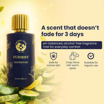 A product display emphasizing that the pH-balanced, alcohol-free formula is safe for canine skin and features a 3-day long-lasting crisp citrus and warm spice scent.