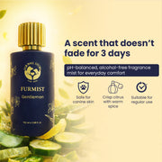 A product display emphasizing that the pH-balanced, alcohol-free formula is safe for canine skin and features a 3-day long-lasting crisp citrus and warm spice scent.