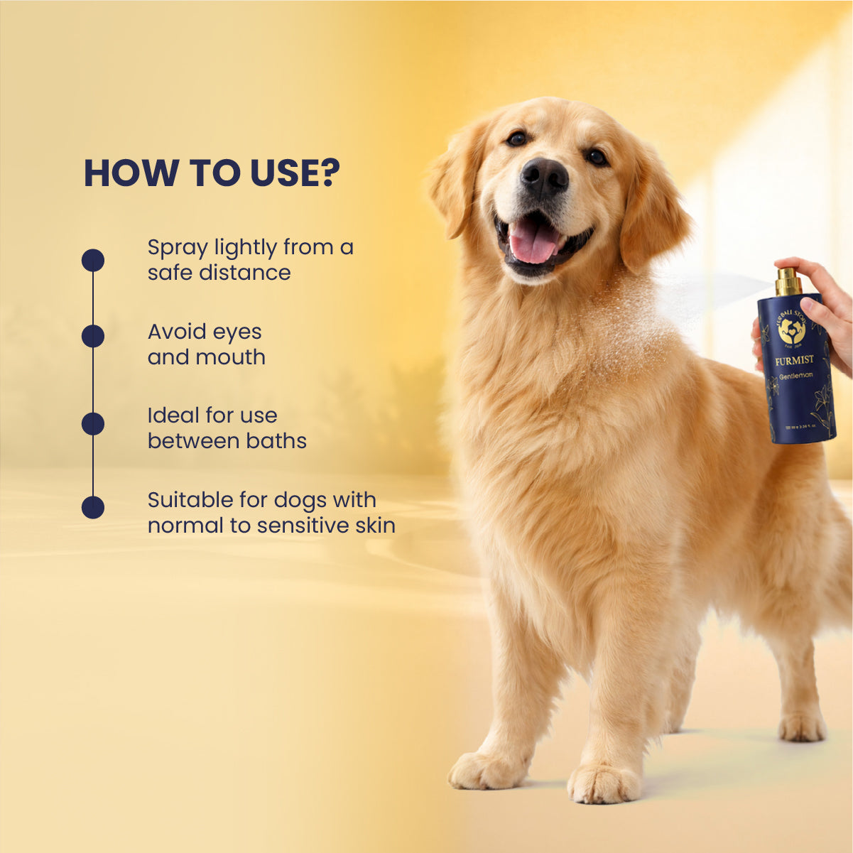 An instructional graphic showing a hand lightly spraying the mist onto a golden retriever's back, advising users to avoid the eyes and mouth.