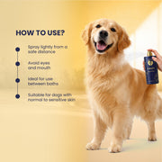 An instructional graphic showing a hand lightly spraying the mist onto a golden retriever's back, advising users to avoid the eyes and mouth.