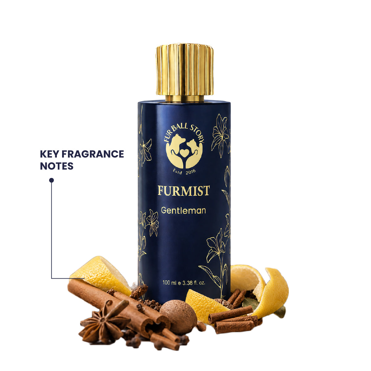 A dark blue and gold bottle of Furmist Gentleman pet fragrance surrounded by raw ingredients like cinnamon sticks, star anise, cloves, and lemon slices.
