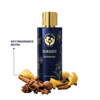 A dark blue and gold bottle of Furmist Gentleman pet fragrance surrounded by raw ingredients like cinnamon sticks, star anise, cloves, and lemon slices.