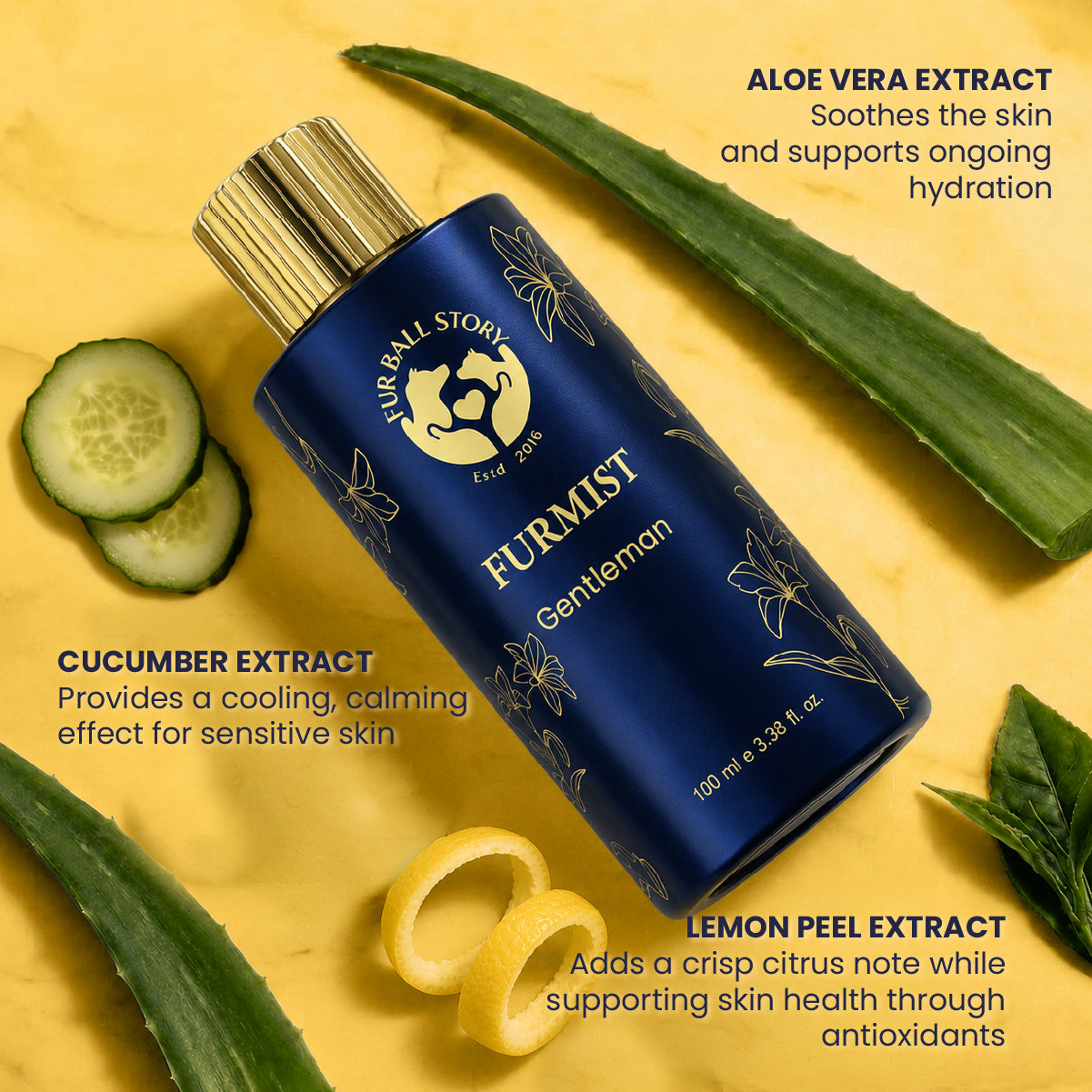 The fragrance bottle lying on a yellow background surrounded by fresh aloe vera leaves, cucumber slices, and lemon peel, highlighting its natural skin-care extracts.