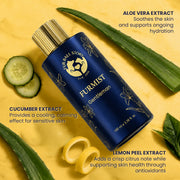 The fragrance bottle lying on a yellow background surrounded by fresh aloe vera leaves, cucumber slices, and lemon peel, highlighting its natural skin-care extracts.