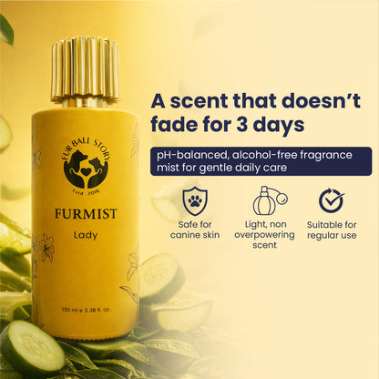 Furmist Lady bottle with text claiming the scent lasts for 3 days, featuring icons showing it is safe for canine skin, light and non-overpowering, and suitable for regular use.